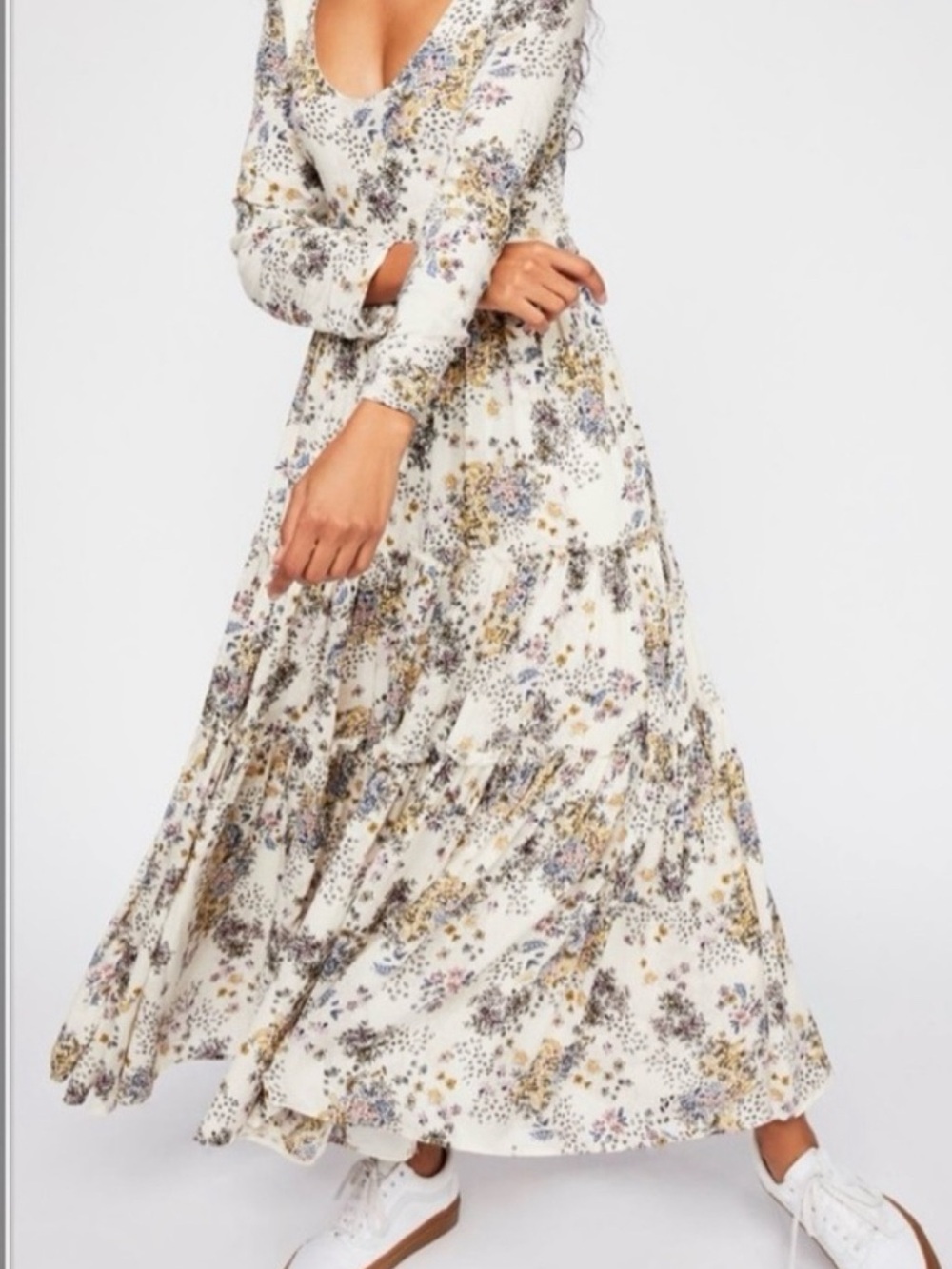 Free People Cream Floral V-Neck Long Sleeve Maxi Dress
